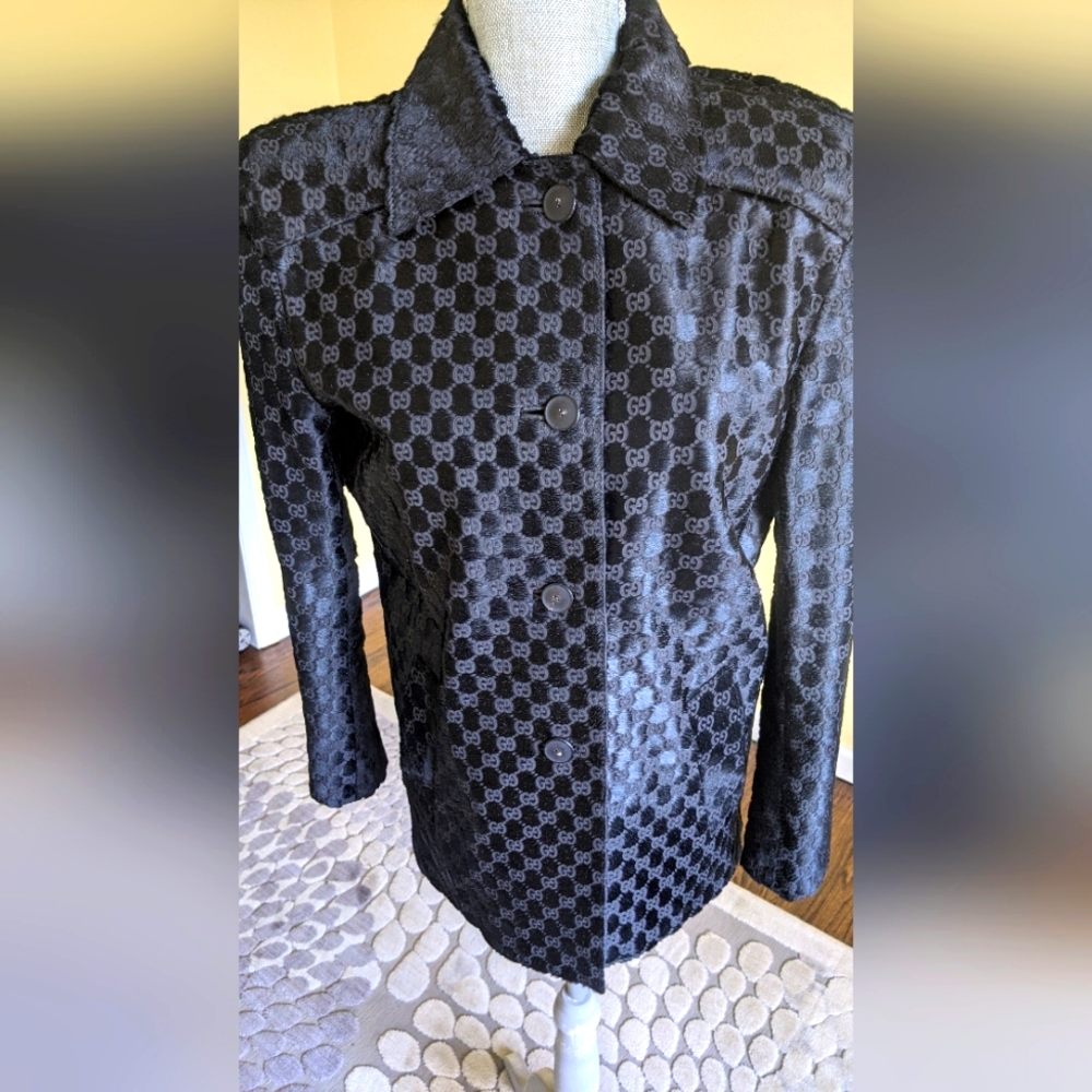 GUCCI monogram embossed Pony hair black jacket sz 40